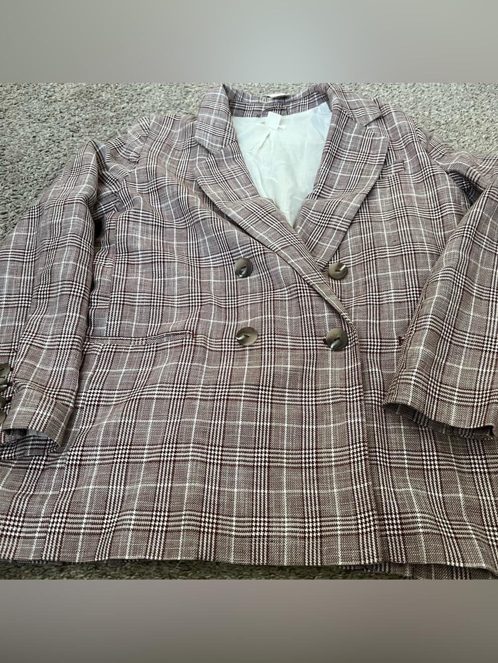Maeve Anthropologie Cotton Linen Plaid Double-Breasted Blazer in Brown&Cream 10